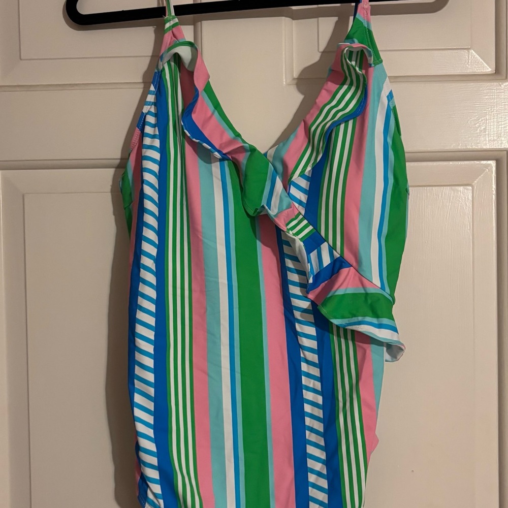 Kids One-Piece Swimsuit in Green, Pink & Blue Stripe